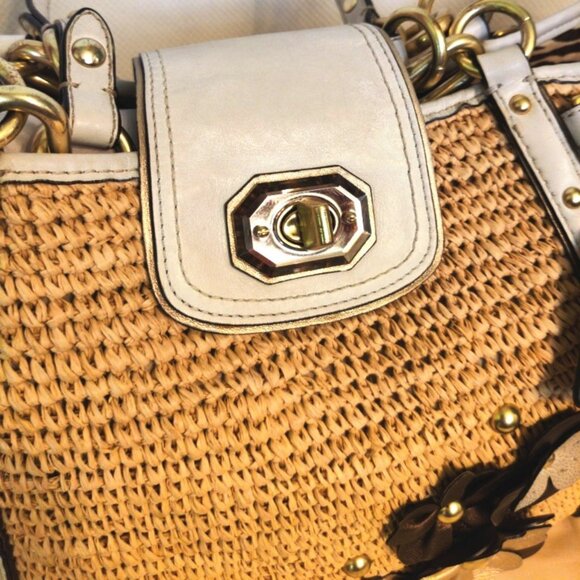 Coach Hamptons Large Natalie Raffia Straw & Leather Tea Roses Tote Bag GUC - Picture 10 of 16